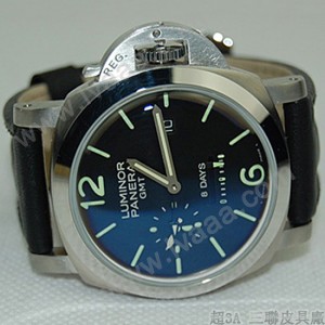 PN1008-PANERAI沛纳海經典军錶黑面GMT8天动能储存钢壳皮带腕錶