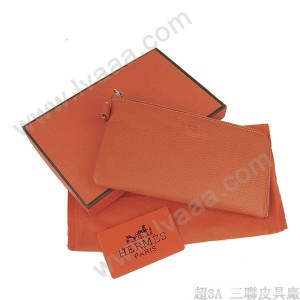 Hermes H010橙色 牛勁紋中長款錢包