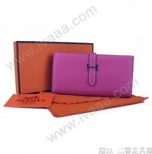Hermes H005 桃紅色荔枝紋 中款二折真皮 錢包