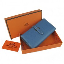 Hermes H005中藍色 荔枝紋 中款二折真皮 錢包
