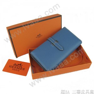 Hermes H005中藍色 荔枝紋 中款二折真皮 錢包