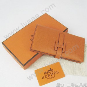 HERMES 愛馬仕全牛皮女士錢包真皮皮夾荔枝紋 橙色