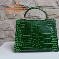 HERMES 1274 新款時尚秋冬熱款墨綠色鱷魚皮金扣女士包包