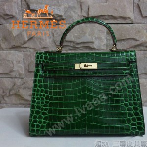 HERMES 1274 新款時尚秋冬熱款墨綠色鱷魚皮金扣女士包包