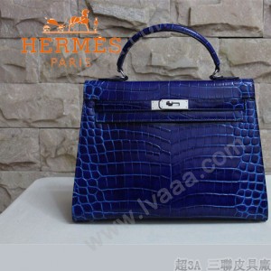 HERMES 1271 新款時尚秋冬女士包包深藍色鱷魚皮銀扣