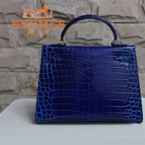 HERMES 1271 新款時尚秋冬女士包包深藍色鱷魚皮銀扣