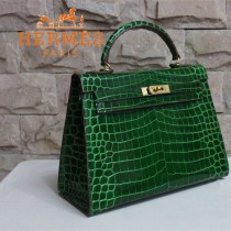 HERMES 1274 新款時尚秋冬熱款墨綠色鱷魚皮金扣女士包包