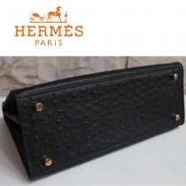 HERMES 1283 秋冬時尚新款女士鴕鳥紋黑色金扣手提包