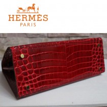 HERMES 1281 秋冬季新款時尚女士棗紅色鱷魚皮手提包