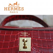 HERMES 1281 秋冬季新款時尚女士棗紅色鱷魚皮手提包