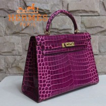 HERMES 1277  秋冬季時尚人氣爆款女士紫色鱷魚皮金扣單肩包
