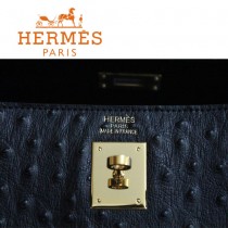 HERMES 1283 秋冬時尚新款女士鴕鳥紋黑色金扣手提包