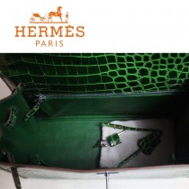 HERMES 1275 新款時尚女士鱷魚皮墨綠色銀扣包包