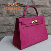 HERMES 1285 秋冬季新款時尚人氣女士桃紅色鴕鳥紋金扣手提包