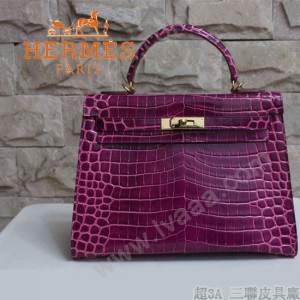 HERMES 1277  秋冬季時尚人氣爆款女士紫色鱷魚皮金扣單肩包