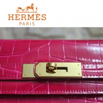 HERMES 1276 秋冬季新款女士桃紅鱷魚皮金扣單肩包