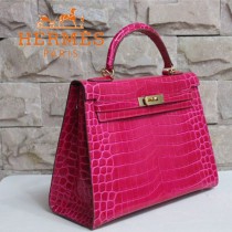 HERMES 1276 秋冬季新款女士桃紅鱷魚皮金扣單肩包