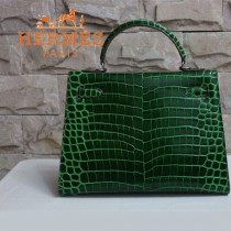 HERMES 1275 新款時尚女士鱷魚皮墨綠色銀扣包包