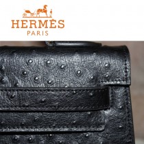 HERMES 1283 秋冬時尚新款女士鴕鳥紋黑色金扣手提包