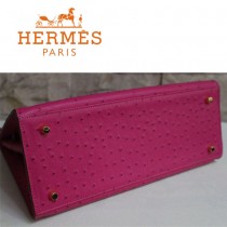 HERMES 1285 秋冬季新款時尚人氣女士桃紅色鴕鳥紋金扣手提包
