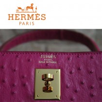 HERMES 1285 秋冬季新款時尚人氣女士桃紅色鴕鳥紋金扣手提包