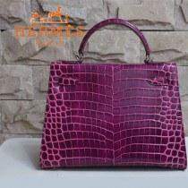 HERMES 1278 秋冬季新款人氣熱銷女士紫紅色銀扣鱷魚皮單肩包