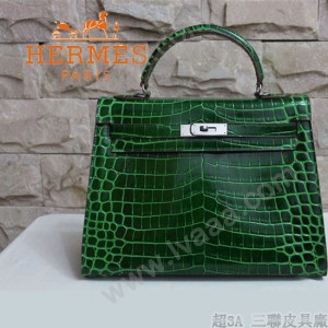 HERMES 1275 新款時尚女士鱷魚皮墨綠色銀扣包包