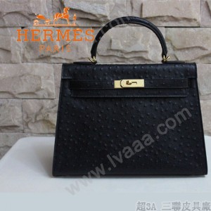 HERMES 1283 秋冬時尚新款女士鴕鳥紋黑色金扣手提包