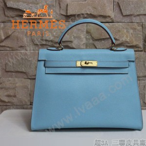 HERMES 1608-30 秋冬季淑女風淺藍色金扣掌紋包手提包