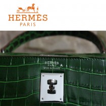 HERMES 1275 新款時尚女士鱷魚皮墨綠色銀扣包包