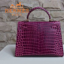 HERMES 1277  秋冬季時尚人氣爆款女士紫色鱷魚皮金扣單肩包