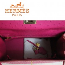 HERMES 1285 秋冬季新款時尚人氣女士桃紅色鴕鳥紋金扣手提包