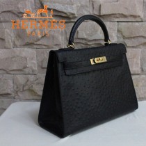 HERMES 1283 秋冬時尚新款女士鴕鳥紋黑色金扣手提包