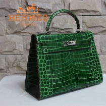 HERMES 1275 新款時尚女士鱷魚皮墨綠色銀扣包包
