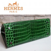 HERMES 1275 新款時尚女士鱷魚皮墨綠色銀扣包包