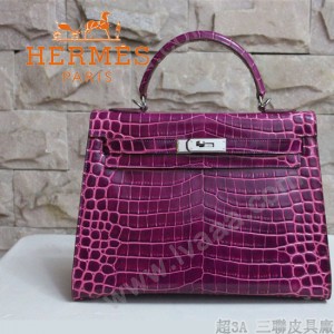 HERMES 1278 秋冬季新款人氣熱銷女士紫紅色銀扣鱷魚皮單肩包