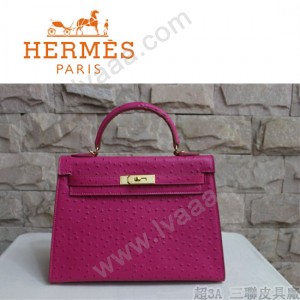 HERMES 1285 秋冬季新款時尚人氣女士桃紅色鴕鳥紋金扣手提包