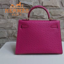 HERMES 1285 秋冬季新款時尚人氣女士桃紅色鴕鳥紋金扣手提包