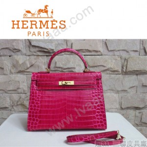 HERMES 1276 秋冬季新款女士桃紅鱷魚皮金扣單肩包