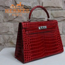 HERMES 1282 秋冬季新款時尚熱銷女士棗紅色銀扣手提包