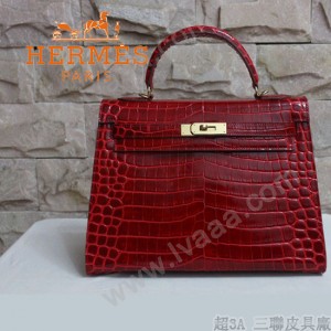HERMES 1281 秋冬季新款時尚女士棗紅色鱷魚皮手提包