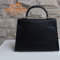 HERMES 1283 秋冬時尚新款女士鴕鳥紋黑色金扣手提包