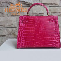 HERMES 1276 秋冬季新款女士桃紅鱷魚皮金扣單肩包