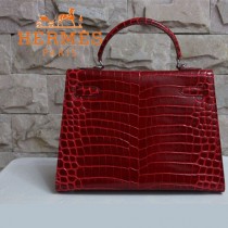 HERMES 1282 秋冬季新款時尚熱銷女士棗紅色銀扣手提包