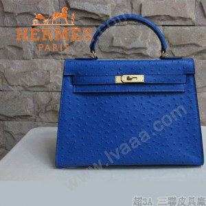 HERMES 1284 秋冬時尚新款女士爆款深藍色鴕鳥紋手提包
