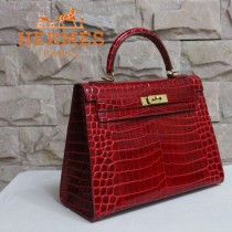 HERMES 1281 秋冬季新款時尚女士棗紅色鱷魚皮手提包