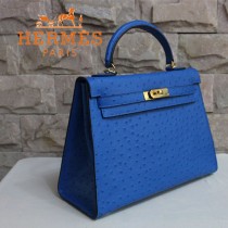 HERMES 1284 秋冬時尚新款女士爆款深藍色鴕鳥紋手提包