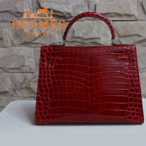 HERMES 1281 秋冬季新款時尚女士棗紅色鱷魚皮手提包