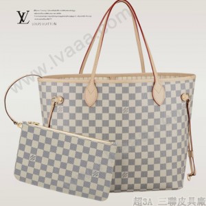 LV N41361 潮流人氣新款女士Neverful白棋盤格配小包中號購物袋