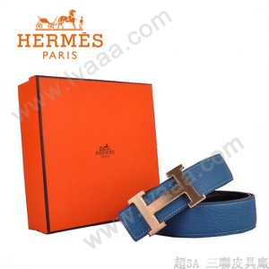 HERMES 007 愛馬仕H字金扣藍色原版皮皮帶